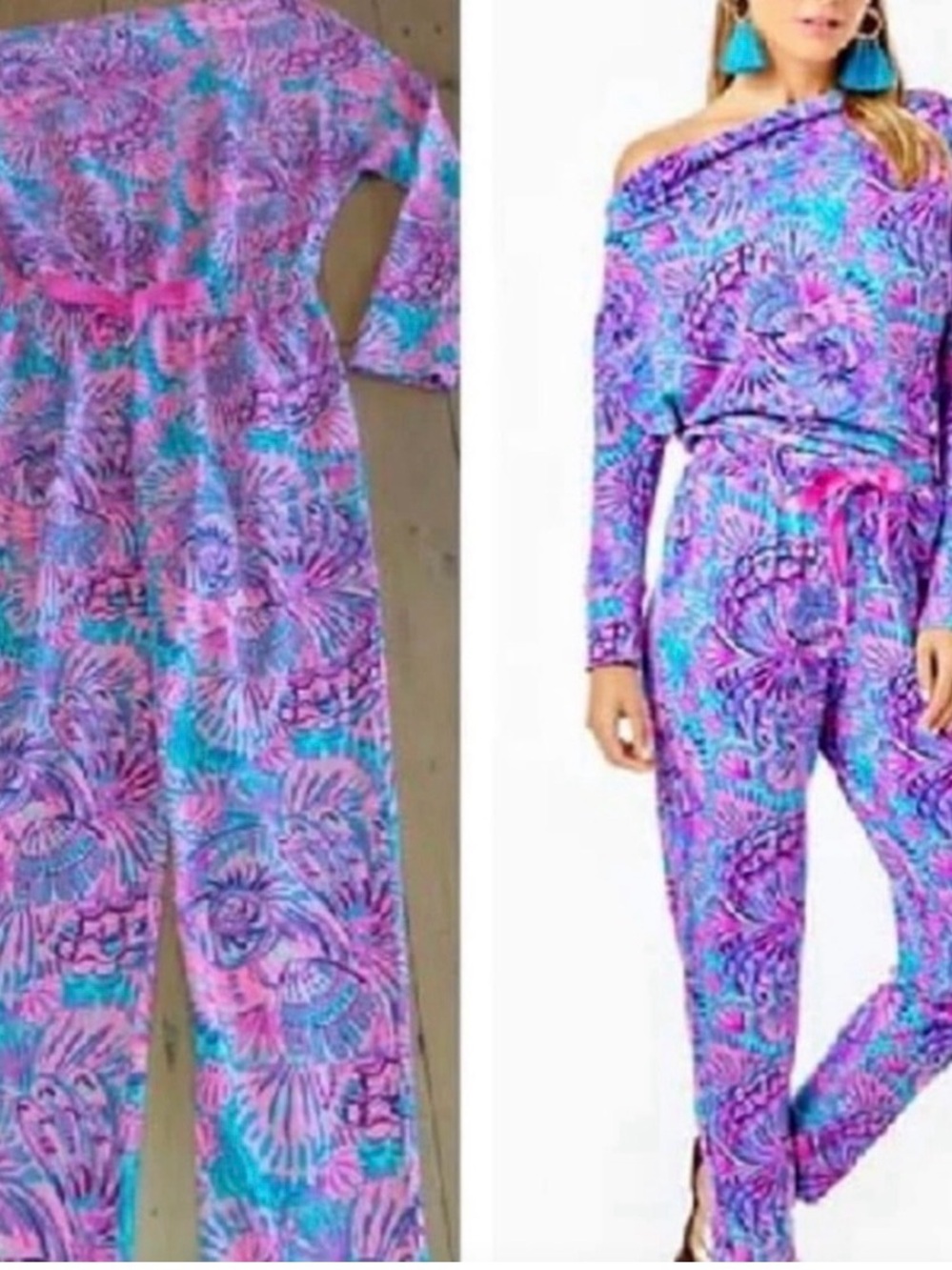 Lilly Pulitzer Pink, Teal & Purple Floral Off-Shoulder Jumpsuit